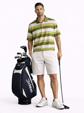 Antigua Green & White Striped Textured Golf Polo Shirt - Size Large EUC